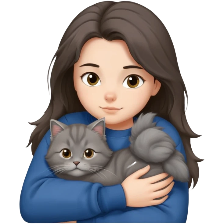 Brunette girl with dark blue sweatshirt snuggling a fluffy grey Siberian cat emoji