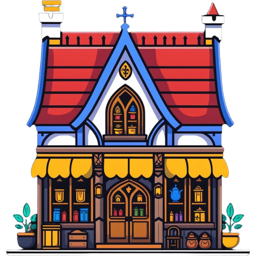 Fantasy merchant shop with medieval storefront and magical items displayed emoji