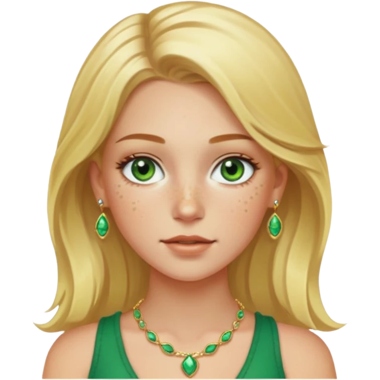 White girl with freckles blonde hair green eyes gold jelwery  emoji