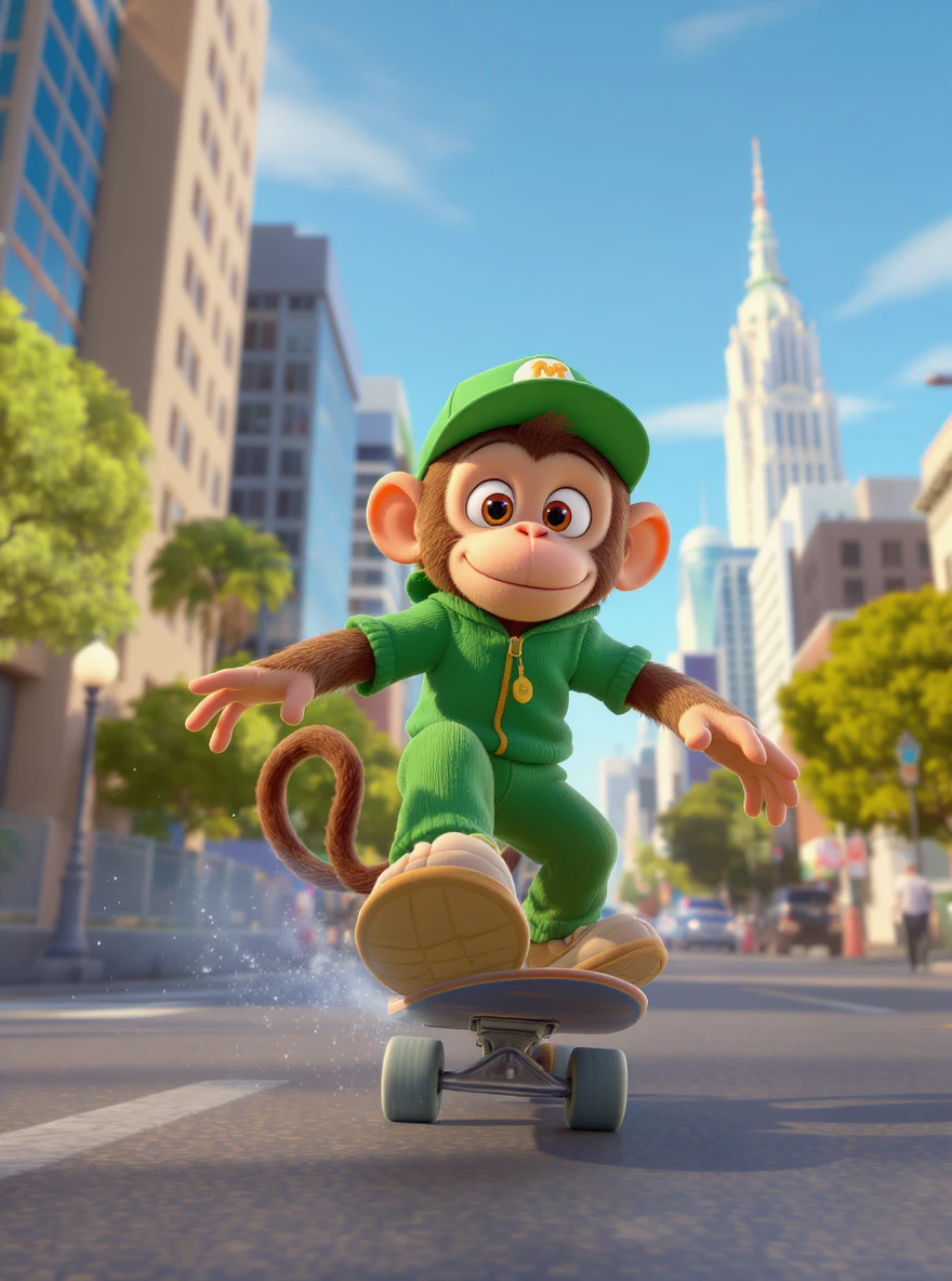 Disney style Cinematic still scane, Low angle shot, monkey dress in green outfit, monkey ride on skateboard, san francisno downtown with city lanscape, blue clean sky, captured by ARRI Alexa XT, soft cinematic lightning, back light, inspired by ToyStory 4 emoji