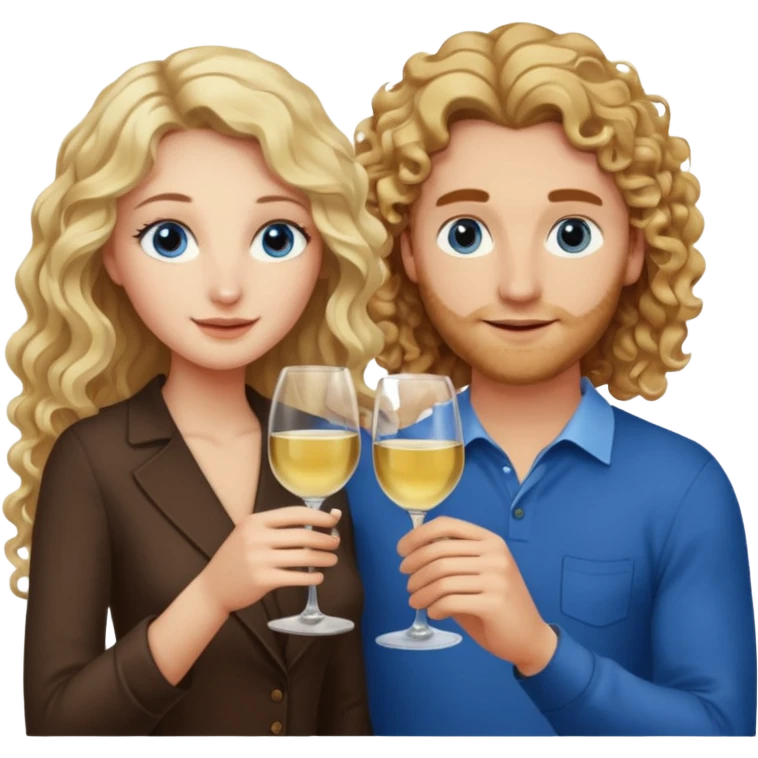 A woman with brown eyes and long blond curly hair and a man with blue eyes and brown hair, they toast to each other with a glass of white wine. They both have blue eyes emoji