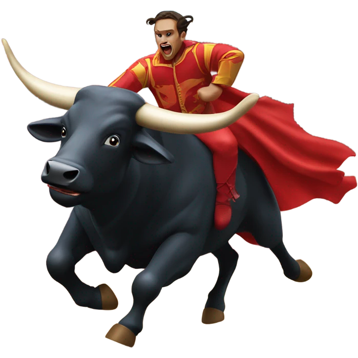 A big red bull with sharp horns chasing the matador. emoji