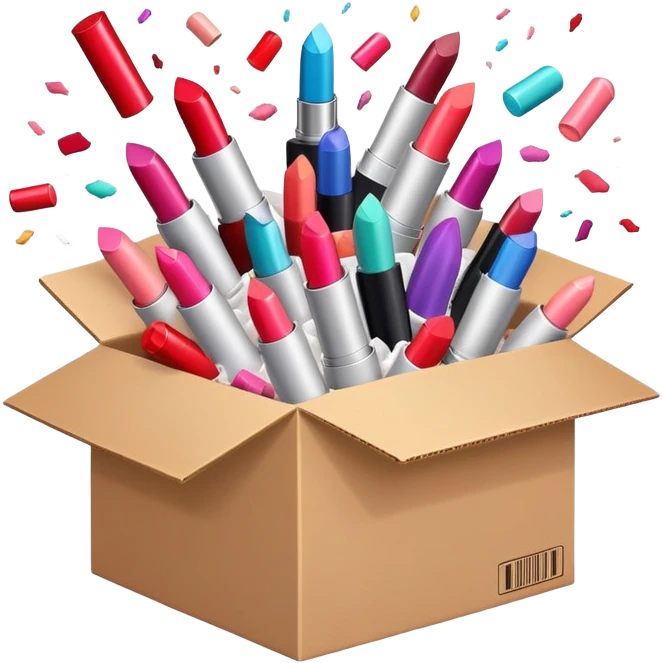 cardboard box bursting open with lipsticks, shampoo, and nail polish flying out emoji