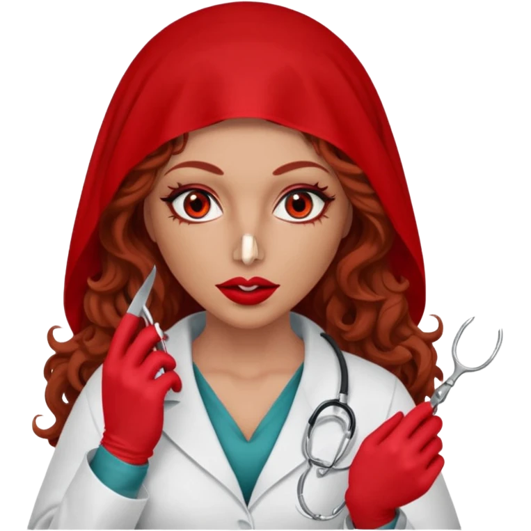 Lilith scalpel in hand, evil surgeon sexy surgeon clothes.  She has red eyes. She brown long curly hair. Wears sexy doctor outfit with red gloves.hair is free and brown  Wears red burka to hide her mouth and nose emoji