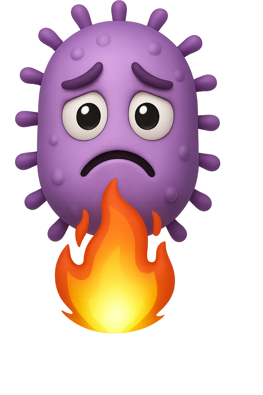 EMOJI STILE IPHONE 3D DI BATTERI INTESTINALI 3D CON ESPRESSIONE TRISTE  IN VOLTO MENTRE SOTTO DI LORO BRUCIA UNA FIAMMA, FAGLI ANCHE LA PARTE BIANCA DEGLI OCCHI, NON SOLO LA PUPILLA emoji