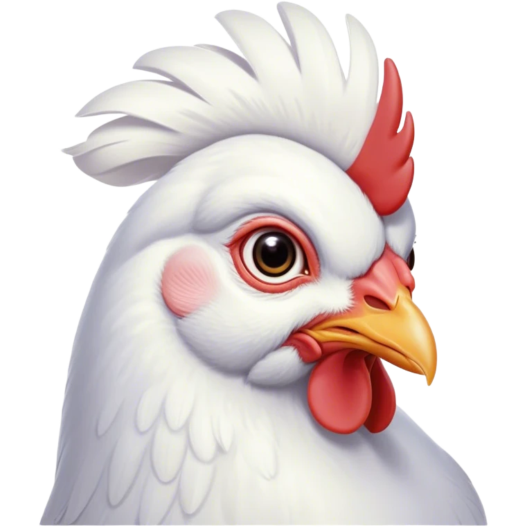 Cinematic Noble White Chicken Portrait Emoji, Poised and regal, with a compact, sturdy build and a pristine, well-groomed pure white plumage, deep-set soulful beady eyes, Simplified yet sharp and sophisticated features, highly detailed, glowing with a soft, dignified glow, high shine, intelligent and alert, stylized with an air of barnyard elegance, focused and attentive, soft glowing outline, capturing the essence of a watchful and confident fowl, so majestic it feels as though it could strut out of the screen with effortless authority! emoji
