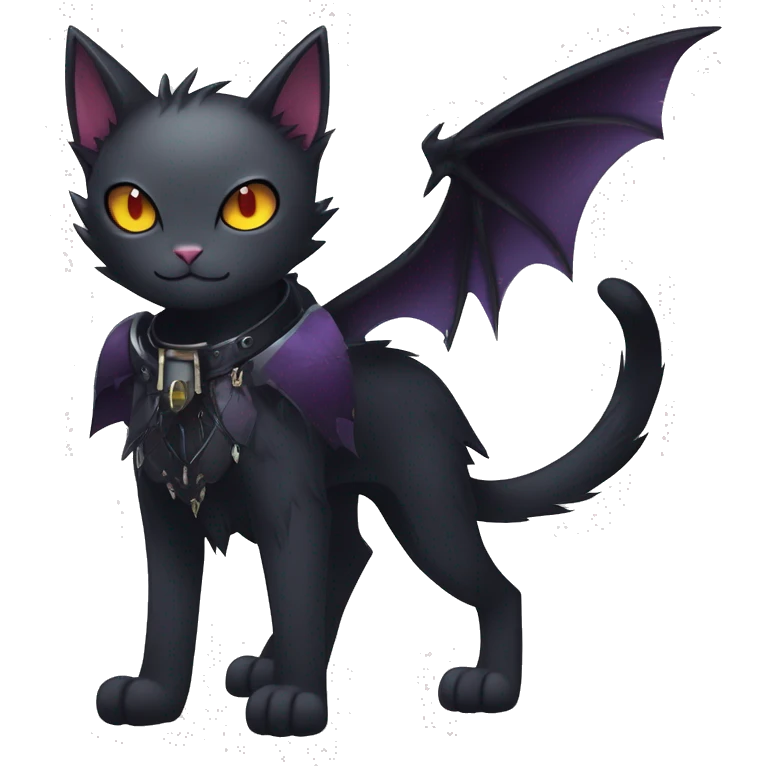  cool edgy beautiful anime-style ethereal dark-punk-themed animal vampiric cat-hybrid Fakemon with fangs and bat-wing-ears with a collar full body emoji