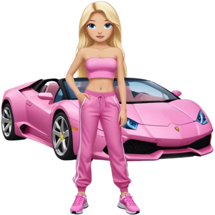 Rosaner Lamborghini mit einem Mädchen mit sehr lamgem blonden Haaren und latina make up und blauen Himmel Augen daneben stehen und sie hat ein rosanes Top ohne Träger anund eine rosane Joggingshose und rosanen Adidas Schuhen emoji