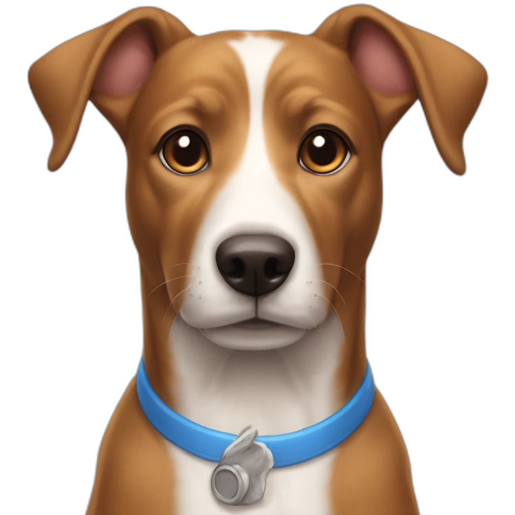 adopted brown dog with a white line in the middle of her hed and honey eyes and blue collar with bunny ears emoji