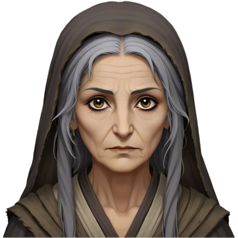 Mirri Maz Duur is a weathered, age 60 Lhazareen woman with deep-set dark eyes, high cheekbones, and a sharp nose, giving her a stern, knowing expression. Her long, unkempt dark hair streaked with gray falls loosely over her shoulders, and her earth-toned, tattered robes mark her as a humble healer. Despite her frail appearance, she exudes an aura of mystery and menace, her hands stained with herbs and blood from both healing and dark sorcery. emoji