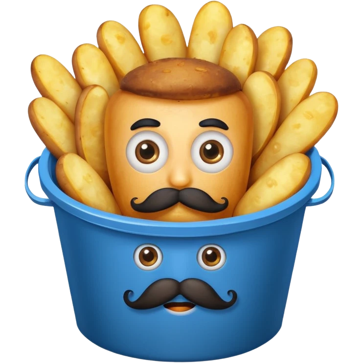 fried potatoes with eyes and mustache, in a blue carton bucket emoji