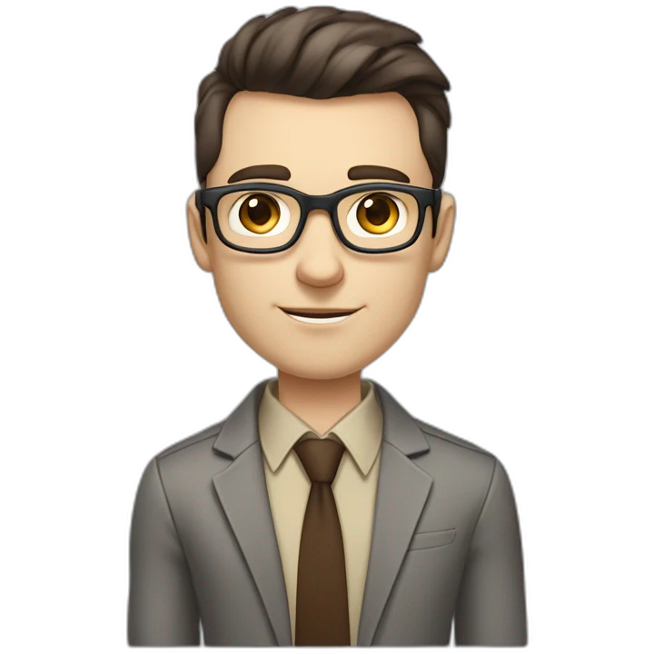 Pale skinned fit man with dark brown hair in gray jacket, beige office shirt, brown tie, brown pants and vintage glasses Writing on the marker board emoji
