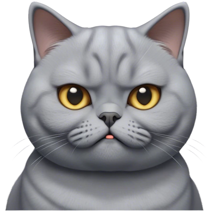 Cinematic Comical Grey British Shorthair Cat Portrait Emoji, Head tilted with a scrunched, grumpy expression, sleek soft grey fur with subtle blue undertones, Simplified yet sharp features, highly detailed, glowing with a slightly sarcastic glow, high shine, poised but with a comically displeased demeanor, stylized with an air of playful disdain, focused yet unimpressed, soft glowing outline, capturing the essence of a grumpy yet endearing kitty, so lifelike it feels like it could give you an exaggerated sigh and a disapproving stare at any moment! emoji
