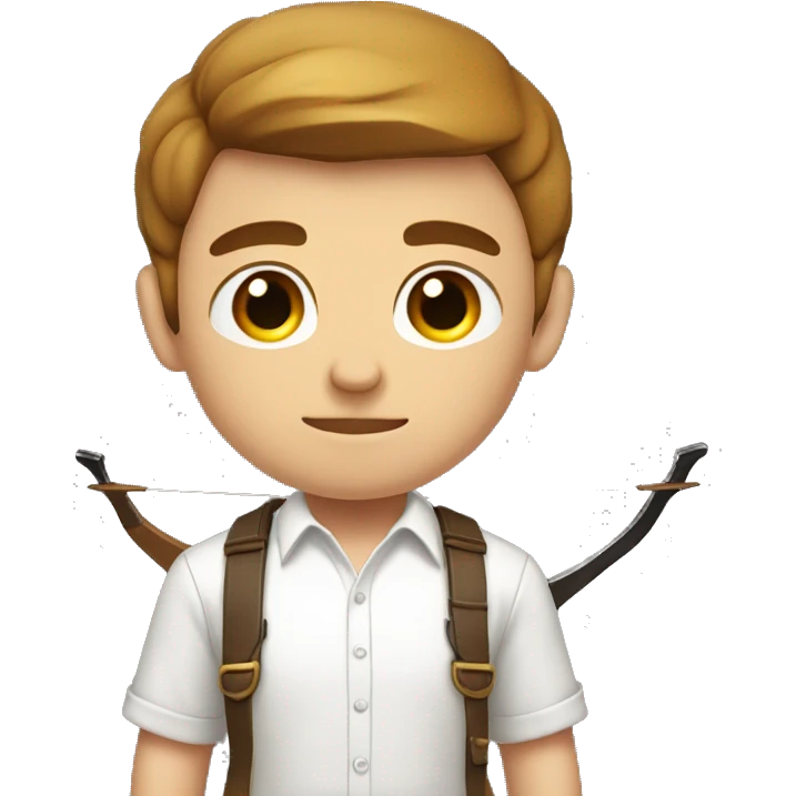 a male, aiming with a bow, facing  his target, eyes closed, wearing a white shirt, very short brown hair, bright skin, only show upper part of the body from waist up emoji