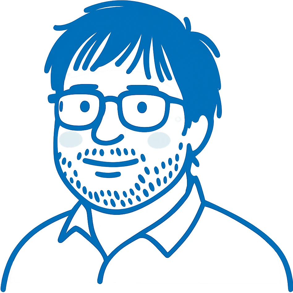 A man with glasses, disheveled longer hair with wispy bangs, a naturally round facial structure but not overweight, a broader nose bridge, and a light beard. Use blue colors for all outlines and details. emoji