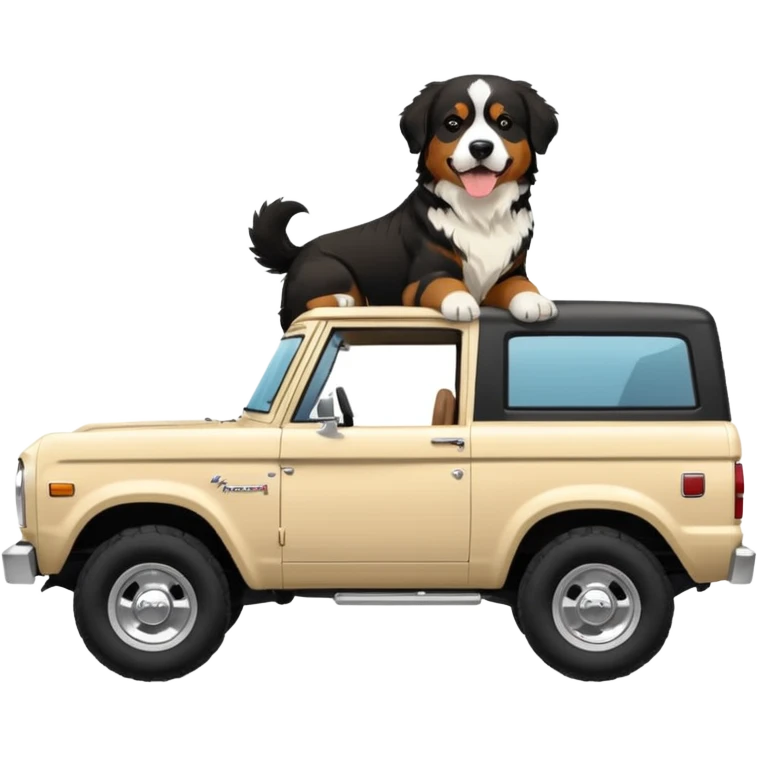 Cream colored ford bronco with no roof and an adult Bernese mountain dog in the seat emoji