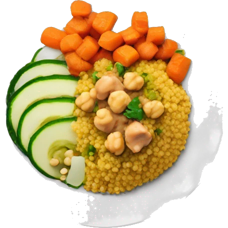 Couscous dish on a plat with orange sauce, carrots, zucchini, chickpeas and meat on top emoji