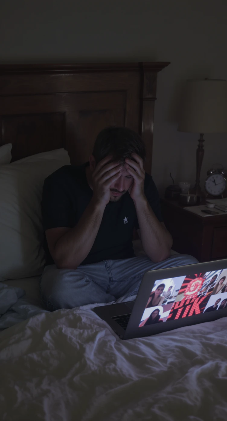 an sits on the edge of his bed, head in his hands, with a laptop open beside him displaying blurred censored or suggestive images. On the nightstand, a clock shows late hours, and the man’s body language conveys exhaustion and regret.  emoji