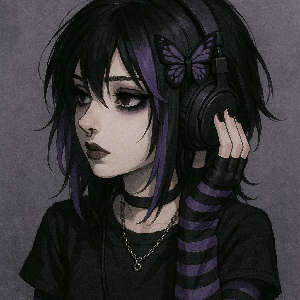 emo girl with headphones, purple highlights, butterfly hairpin emoji