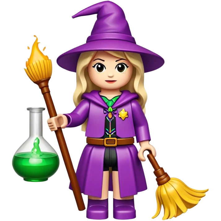 A lego girl with  potion and a broom emoji