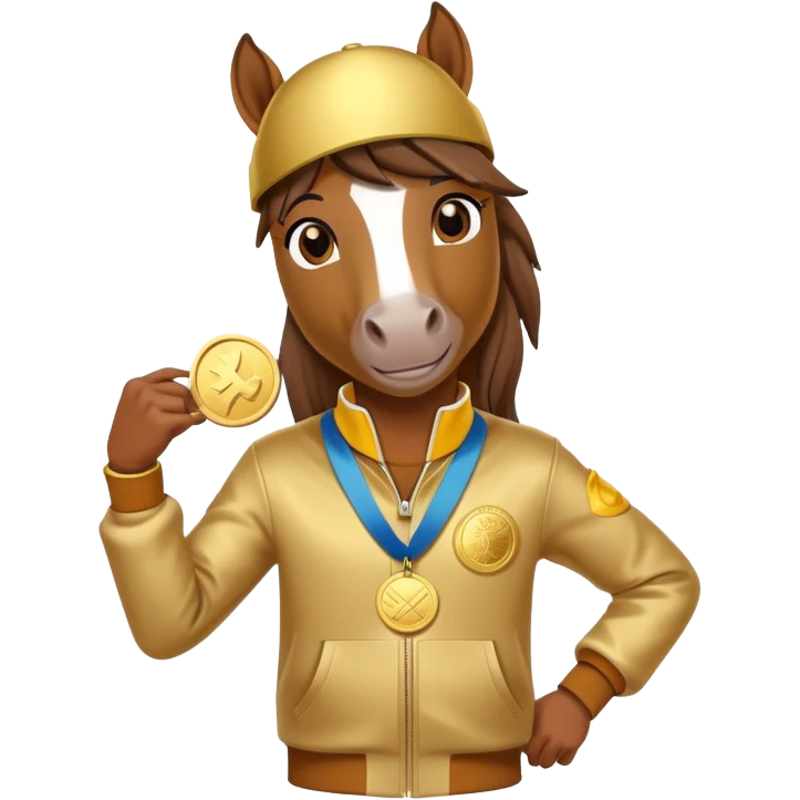 friendly anthropomorphised horse in a hip-hop outfit, wearing a gold medal emoji
