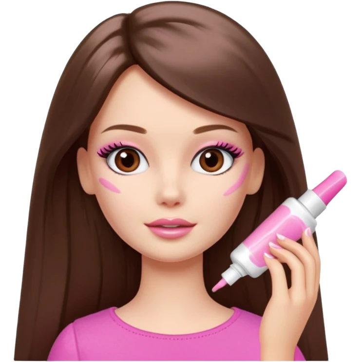 Barbie girl a brown long Straight hair and brown eyes is In pale pink smears by hand cosmetic cream on her face emoji