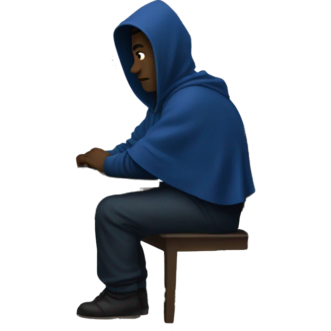 A man in a dark blue hoodie with a capelet on his head, his face not visible in the shadows, is sitting at a computer. emoji