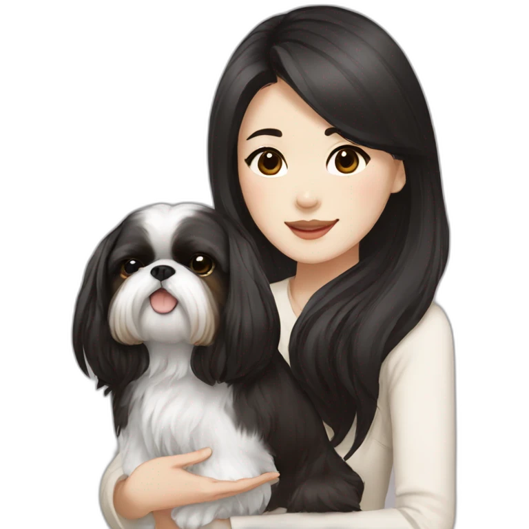 long black hair korean girl with white and brown colored shih tzu emoji