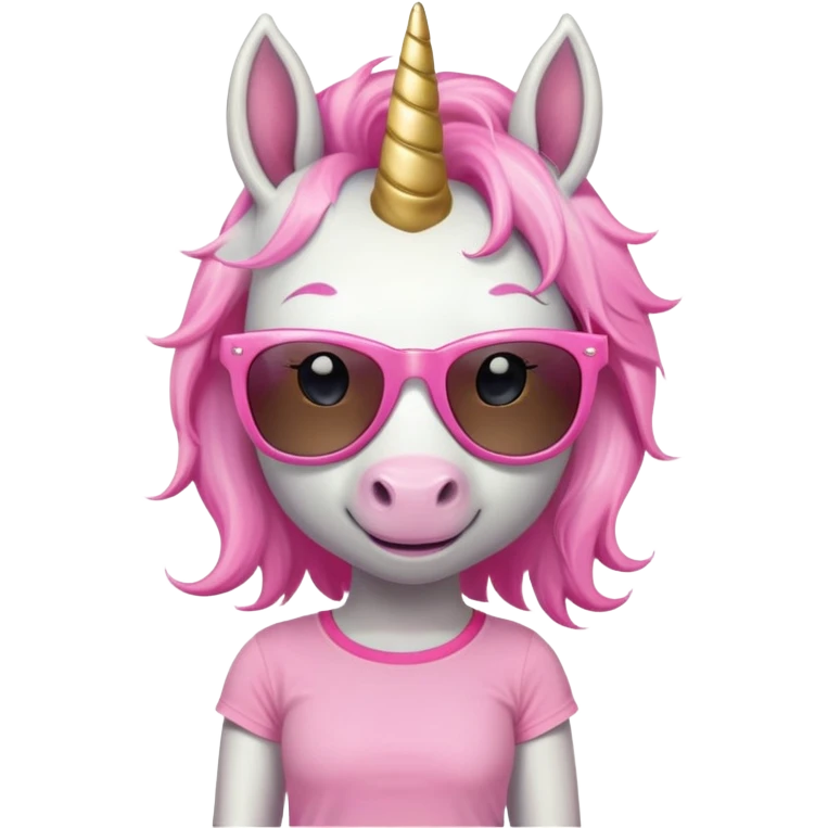 friendly anthropomorphised female unicorn with horse-like face, in tutu and pink t-shirt, wearing dark sunglasses, standard pose, close-crop head and shoulders portrait emoji