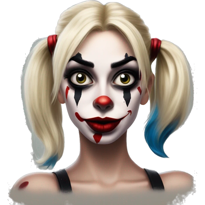 Insane Harley Quinn in Uncle Scrooge style, oil paint, mysterious eyes, intricate lips, masterpiece portrait, beautiful, desirable, logical emoji