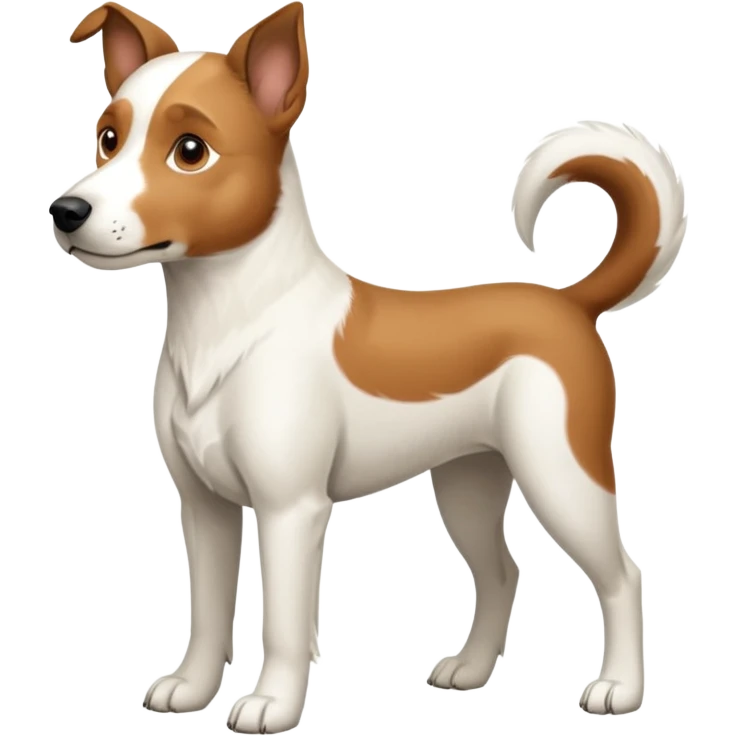 a full body large white parson russell looking dog the size of a kelpie with light brown flapped down ears and a light brown patch on one eye and a large snout emoji