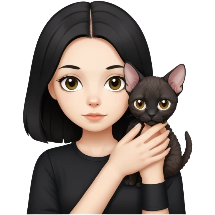 a  girl with black long hair with a white devon rex with black shirt emoji
