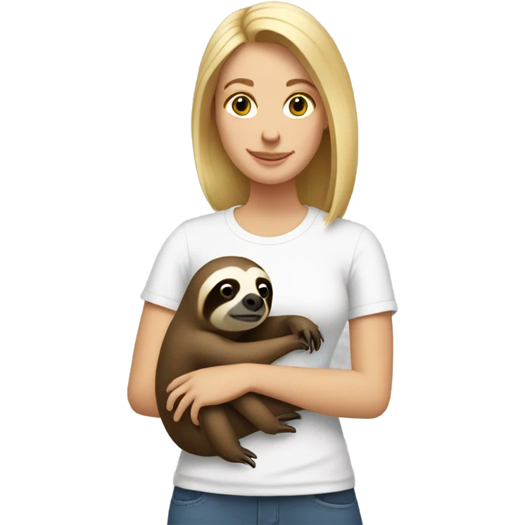 Lady with shoulder length blonde hair in white t-shirt holding a sloth emoji
