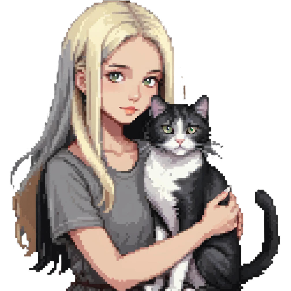 Beautiful girl with long black hair petting a gray and blonde mixed cat emoji