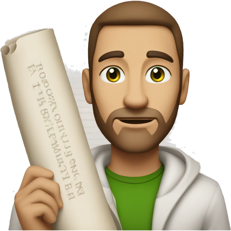 A light-skinned man with piercing green eyes, impeccably styled brown hair, and a confident demeanor holding the long white paper scroll emoji