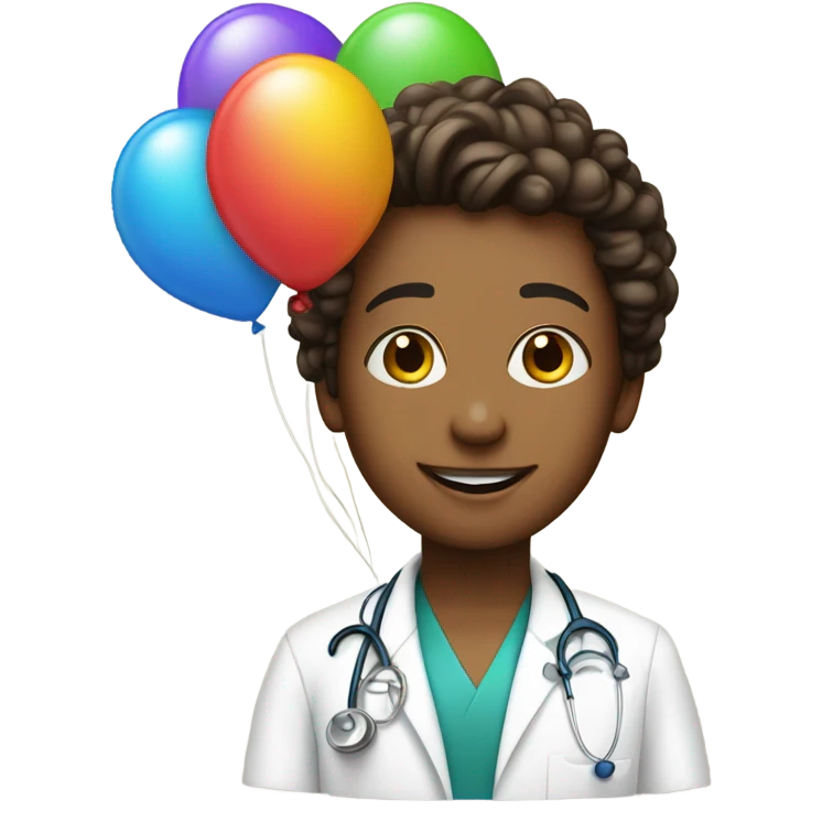 Young medical student with a sthetoscoe and a birthday cake and baloons emoji