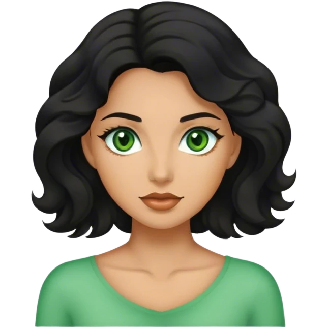 Woman with wavy black hair, green eyes and tan emoji