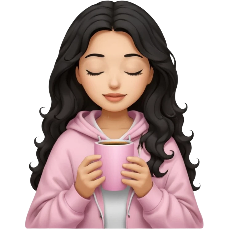 hispanic woman, black long wavy hair , closed eyes, feminine face, holding soft pink coffee cup wearing white Hoodie with pink blanket over shoulders emoji