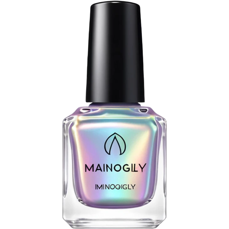 Brand name  " Maniogly " on label of holographic iridescent pastel nail polish bottle emoji
