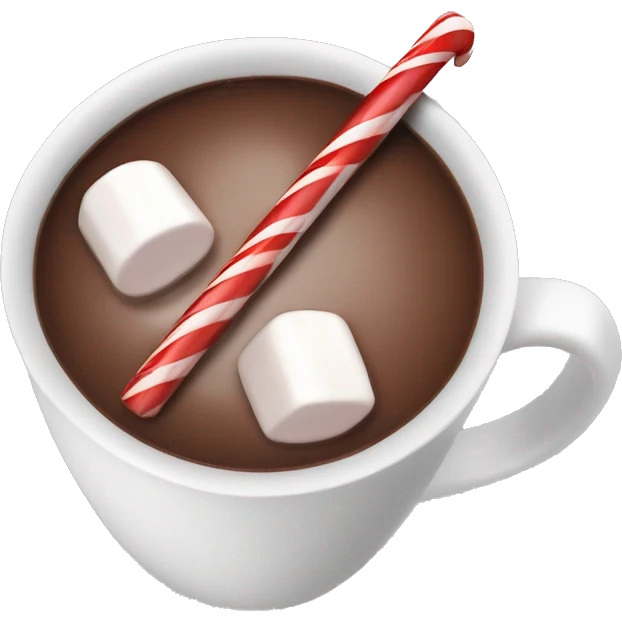 hot chocolate in a mug with marshmallows and a candy cane and a chocolate rod emoji