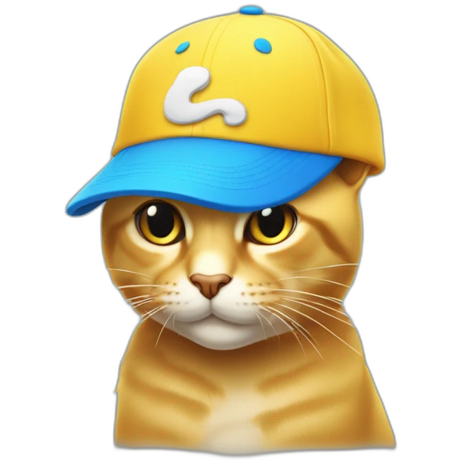 Gato color amarillo, con una gorra azul, que la gorra diga Puko con letras blancas  emoji
