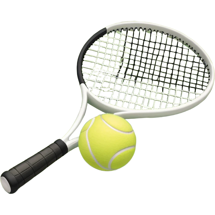 A tennis racket and a ball placed on the ground, with a tennis court in the background. The court lines and net are visible, emphasizing the structure and focus of the sport, creating a dynamic and energetic vibe. emoji