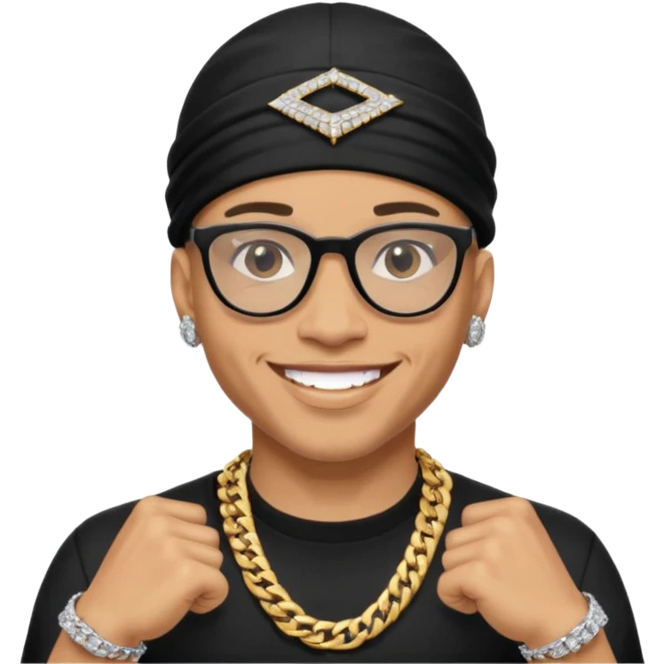 lightskin man with a black durag,a cuban link chain,glasses, and smiling flexing diamond studded grillz  emoji