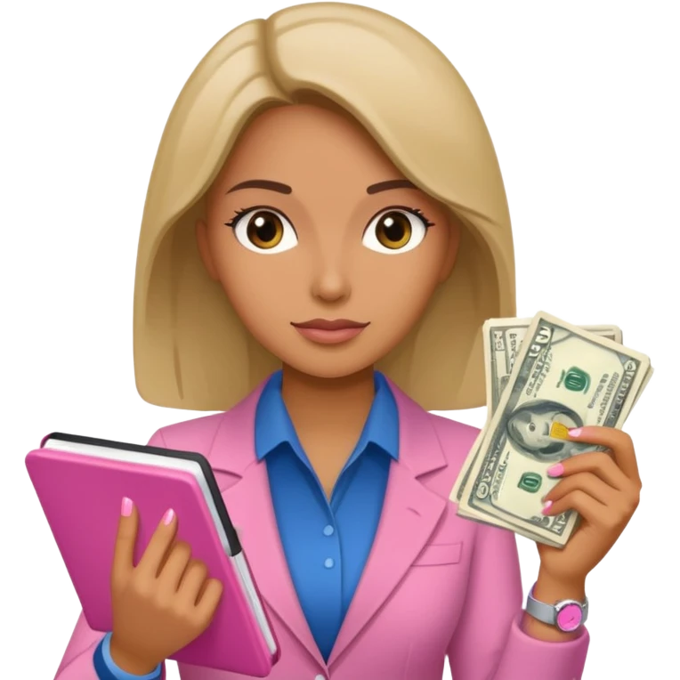 Libreta rosa, reloj femenido blanco y un dolar emoji