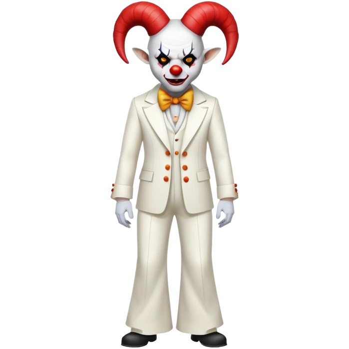 full-body demonic clown in a white leisure suit with bellbottom pants, bald, with black ram horns emoji