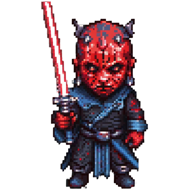 Darth Maul with double red lightsaber, inspired by The Phantom Menace, pixel art style emoji