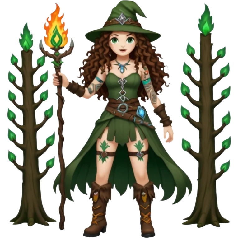 full body view of a woman with long curly brown hair, brown eyes, white skin, tattoos, wearing a forest witch outfit with high boots and rune belt, casting green flame from her hand emoji