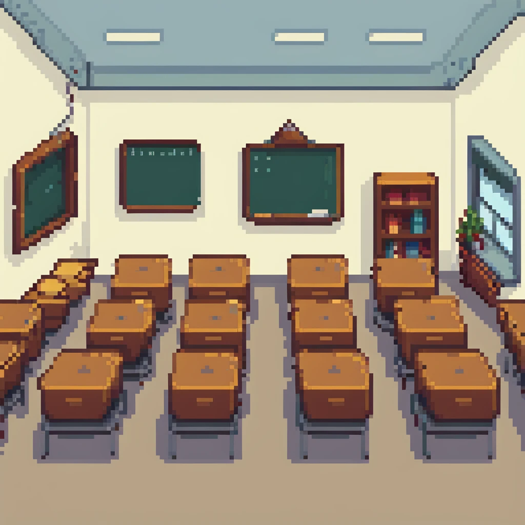 classroom with a group of students interacting in pixel art style emoji
