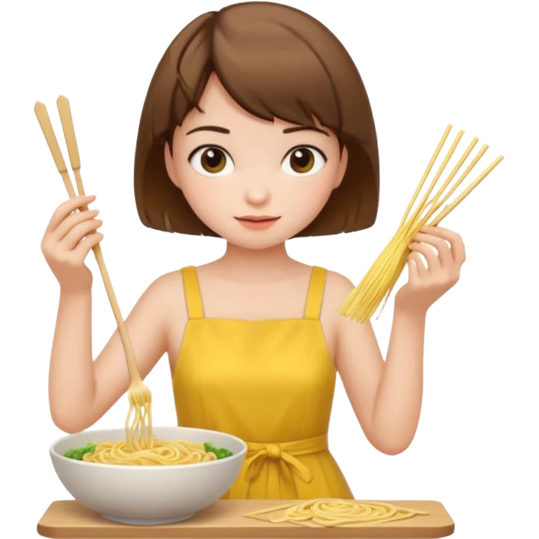 Brown short hair girl and white skin with yellow dress making noodle emoji