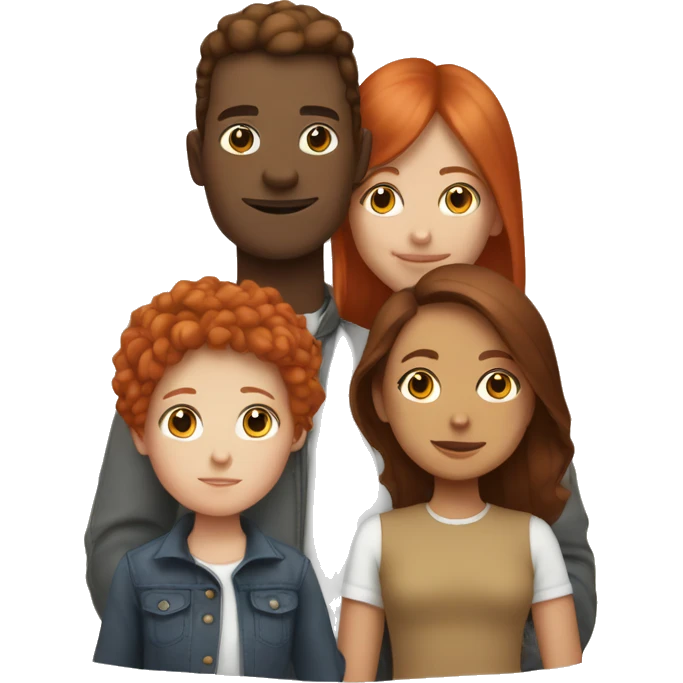 family where one person is white with red hair, one is a brown girl, one is a white girl with brown hair, and one is a monst emoji